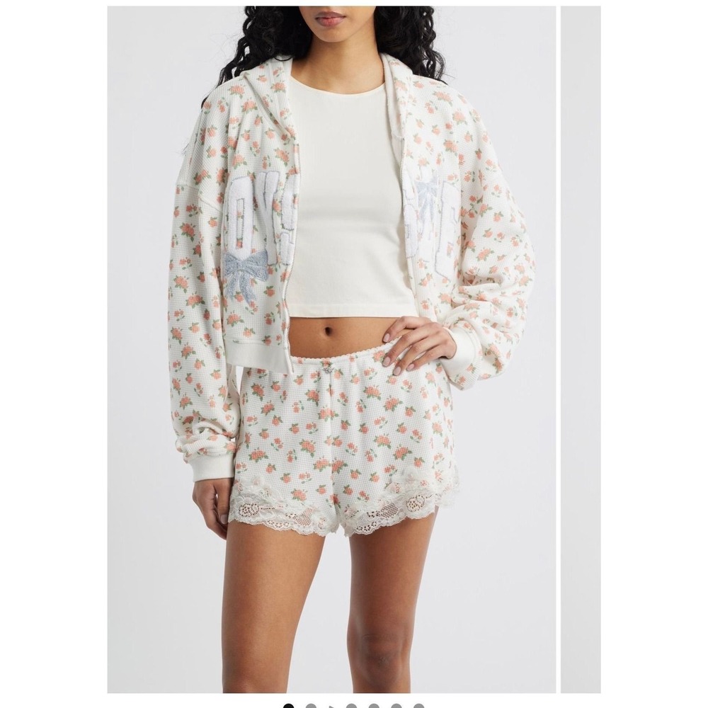 Boys Lie Floral Waffle Knit Cropped Zip Up Hoodie XS/S White Orange Bows